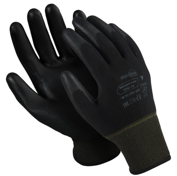 Перчатки нейлоновые MANIPULA, полиуретановое покрытие (облив), размер 9 (L), черные